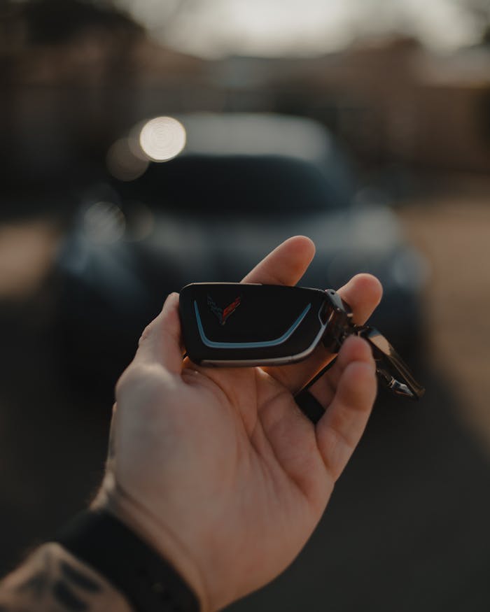 creative-01 A hand holding a car key fob with a blurred car in the background, outdoors.